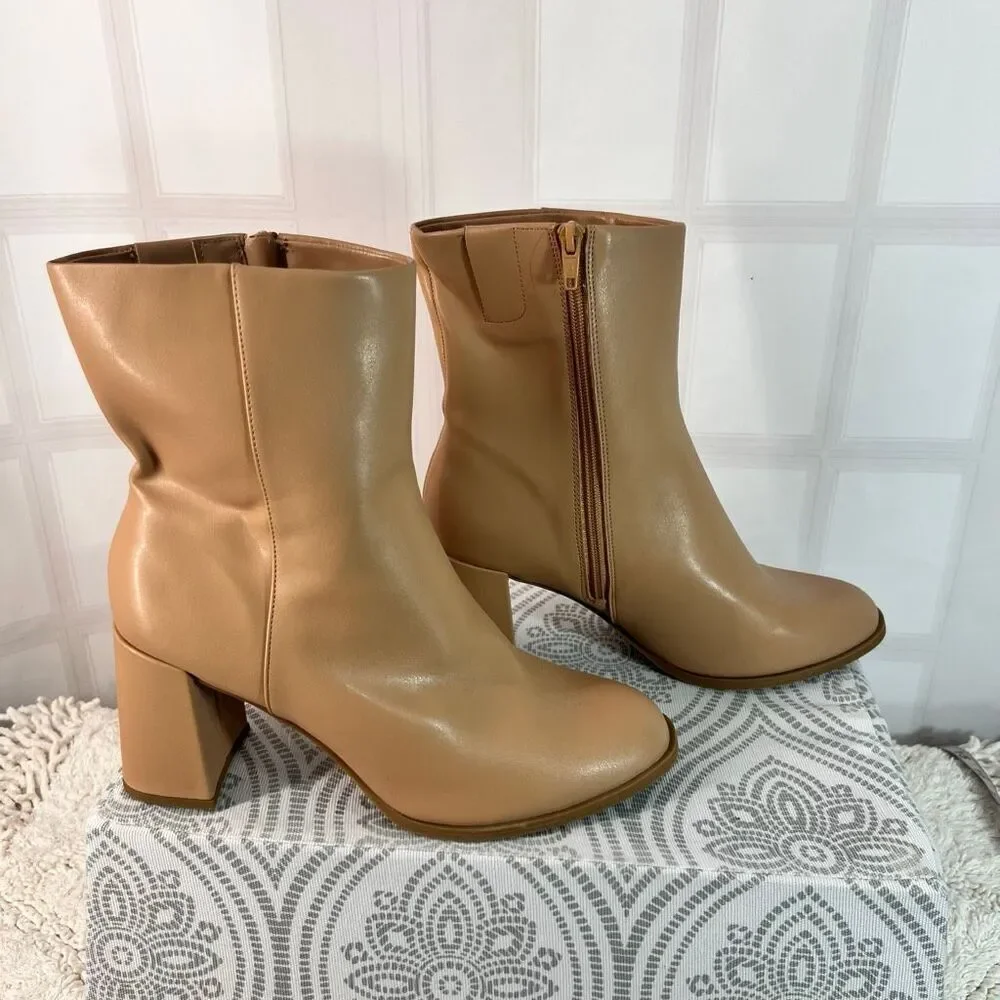 A New Day Tan Almond Toe Side Zip Block Heel Janelle Ankle Dress Bootie Size 11